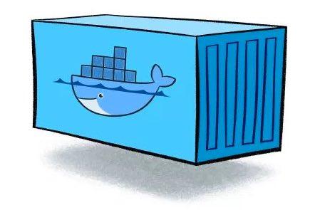 Blue shipping container bearing the Docker whale logo.