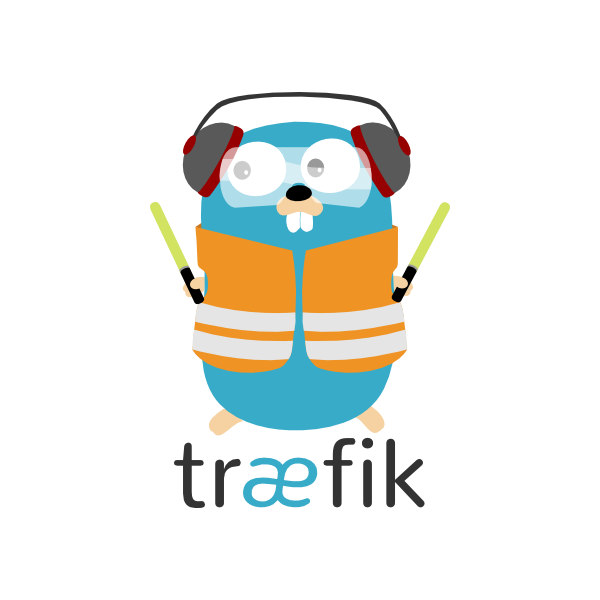 Traefik mascot dressed as an airport ground marshal with traffic wands.